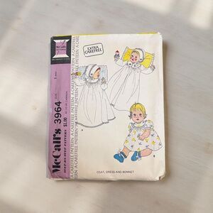 McCall's 3964 Baby, Infant's Coat, Dress and Bonnet Pattern Newborn Vintage B12